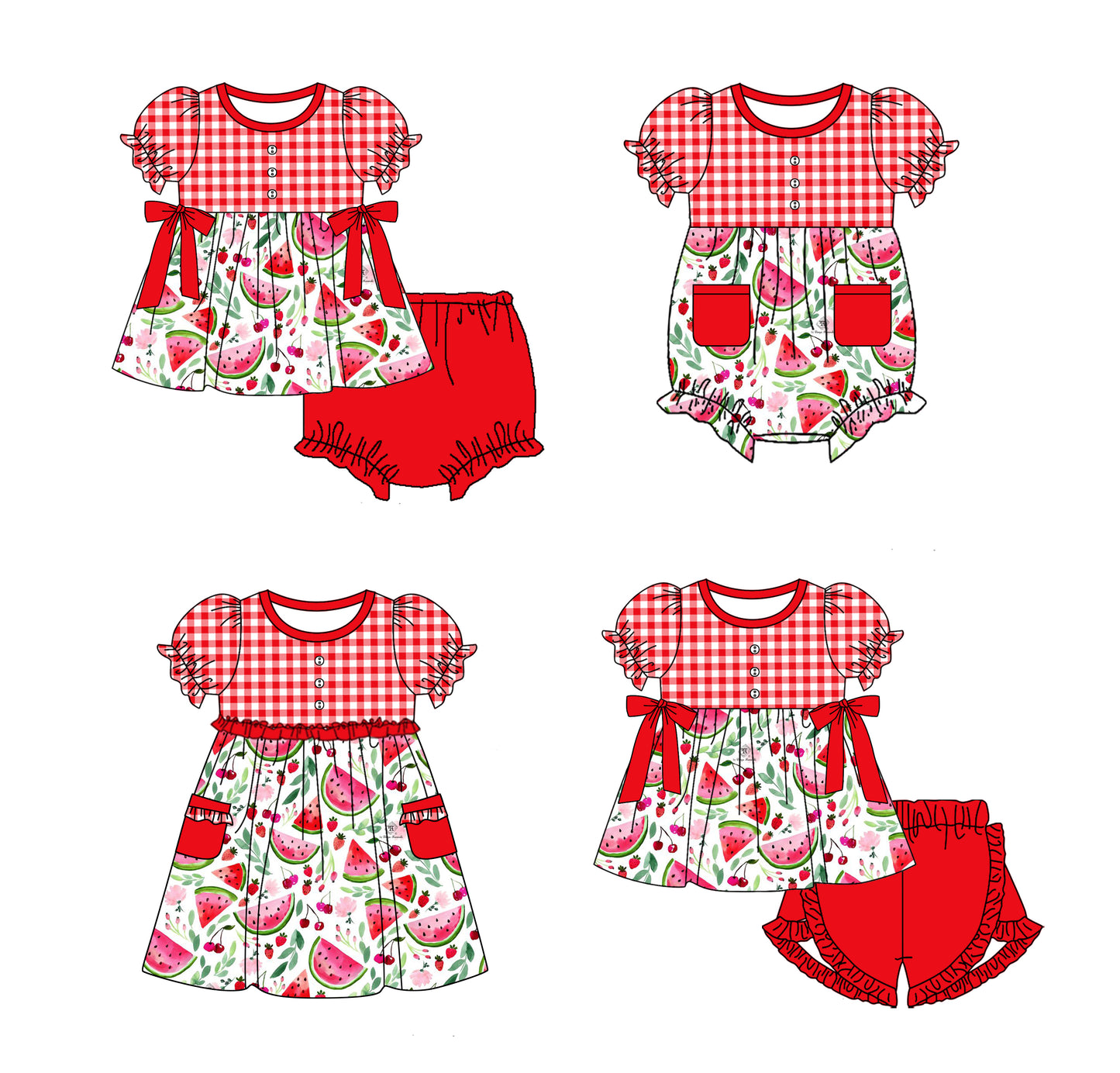 Baby Girl Short Sleeves Watermelon Red Plaid Sibling Romper Dress Clothes Set ( Moq 5 Each Design )