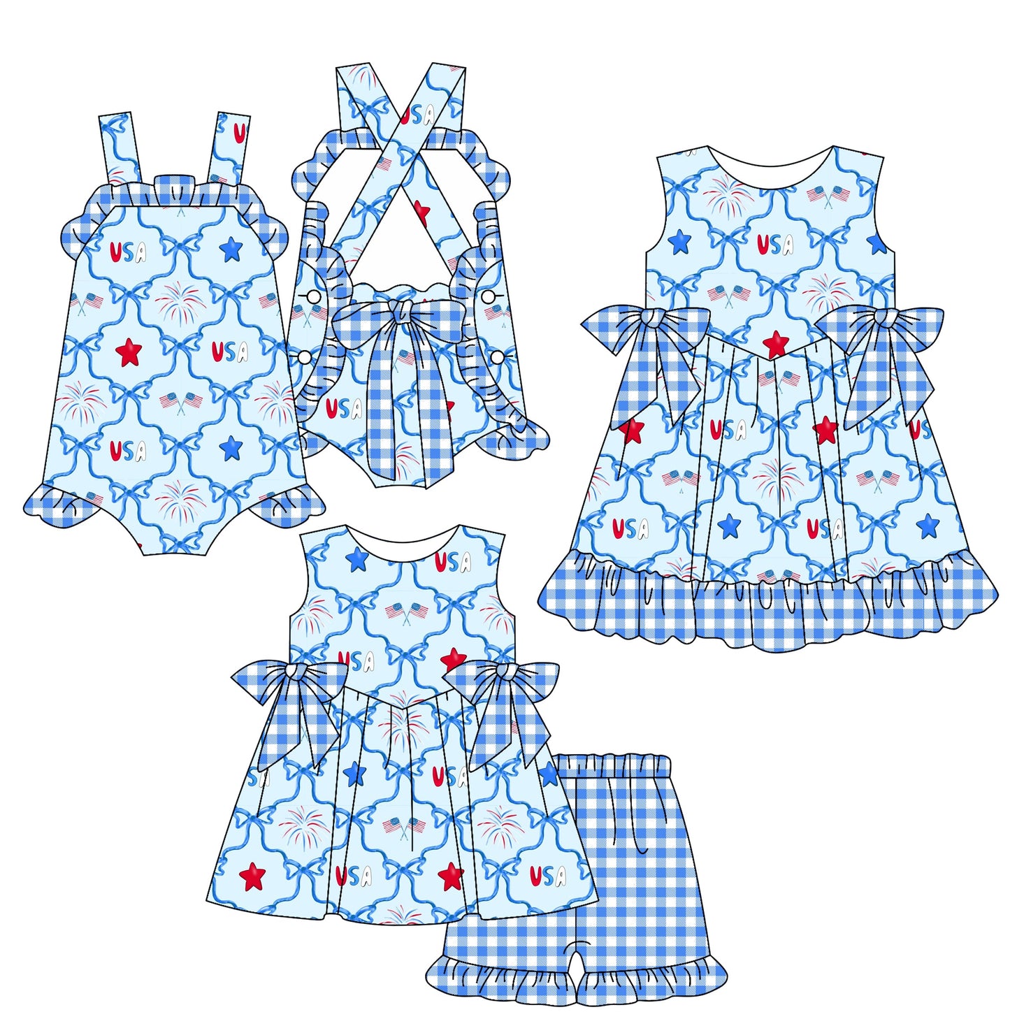 Baby Girl July 4th Blue Bows Sibling Romper Dress Set ( Moq 5 Each Style ) 2.13