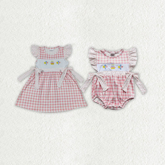 Baby Girl Short Sleeves Embroidery Birthday Bows Sibling Romper Dress