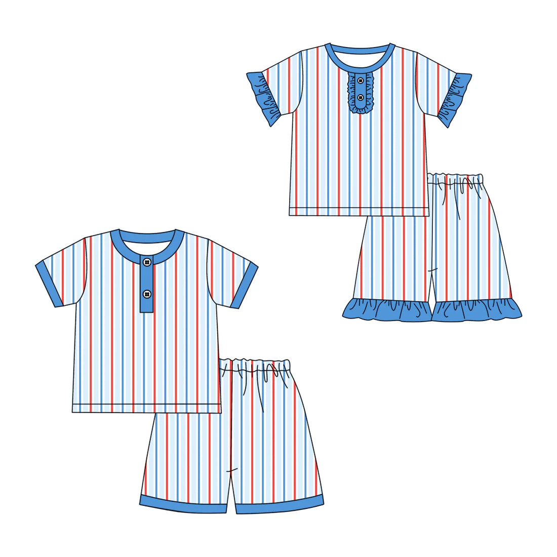 ( Moq 5 Each Style ) Baby Boys Girls Short Sleeves Red Blue Stripes Sibling 4th of July Sets
