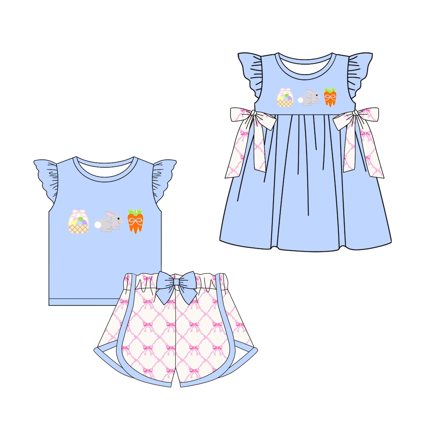 Baby Girl Easter Rabbit Eggs Carrot Bows Sibling Matching Dress Clothes Set ( Moq 5 Each Design )