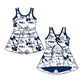 ( Moq 5 each style ) Baby Girl Toddler Team Blue Bows Sibling Skort Dress Set 6.6