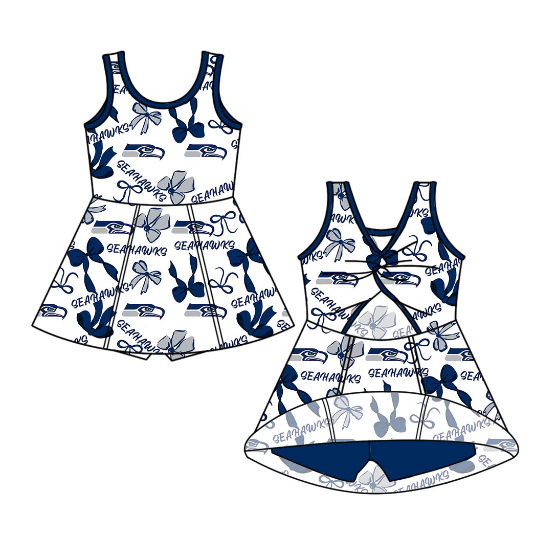 ( Moq 5 each style ) Baby Girl Toddler Team Blue Bows Sibling Skort Dress Set 6.6