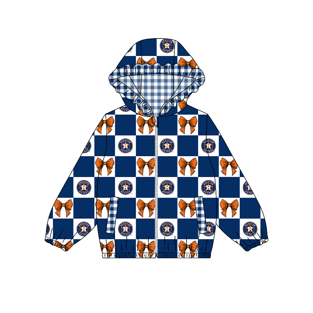 ( Moq 5 ) Custom Baby Girl Kids Pockets Zipper Hoodie Bows Team Jacket Coat Tops