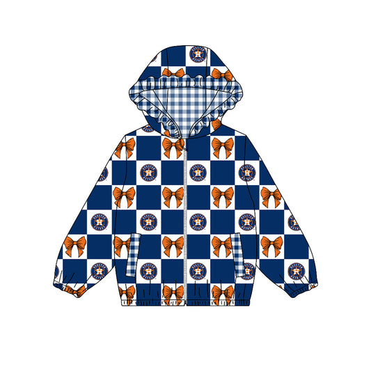 ( Moq 5 ) Custom Baby Girl Kids Pockets Zipper Hoodie Bows Team Jacket Coat Tops