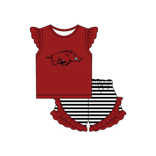 ( Moq 5 ) Baby Girls Short Sleeves Pig Red Shirt Stripes Shorts Team Clothes Set