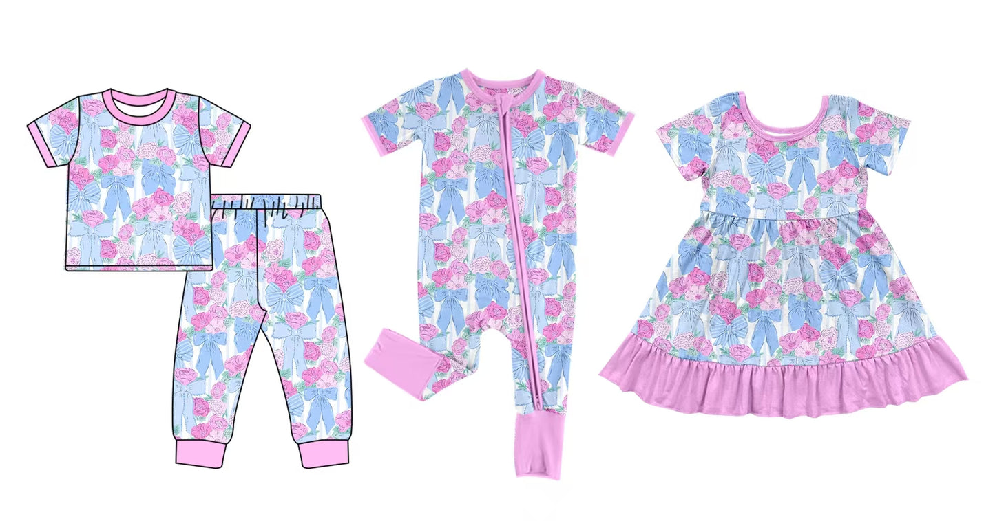 Baby Girl Short Sleeves Bows Flower Sibling Romper Dress Pink Clothes Set ( Moq 5 Each Design )12.5
