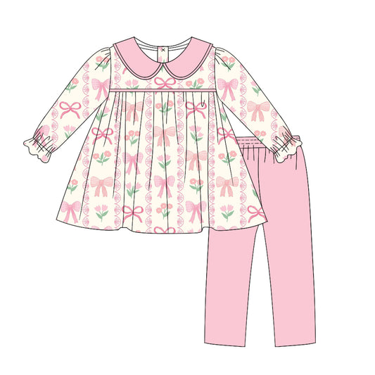 Baby Girl Long Sleeves Bows Flower Tops Pink Pants Set