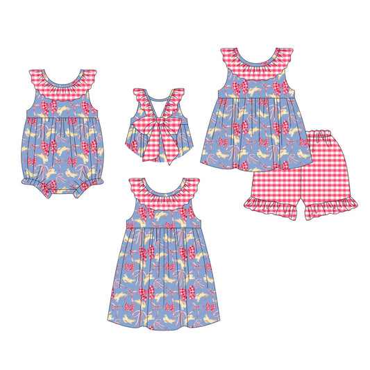 ( Moq 5 Each Style ) Baby Girls Kids Rabbits Bows Red Plaid Sibling Easter Romper Dress Set