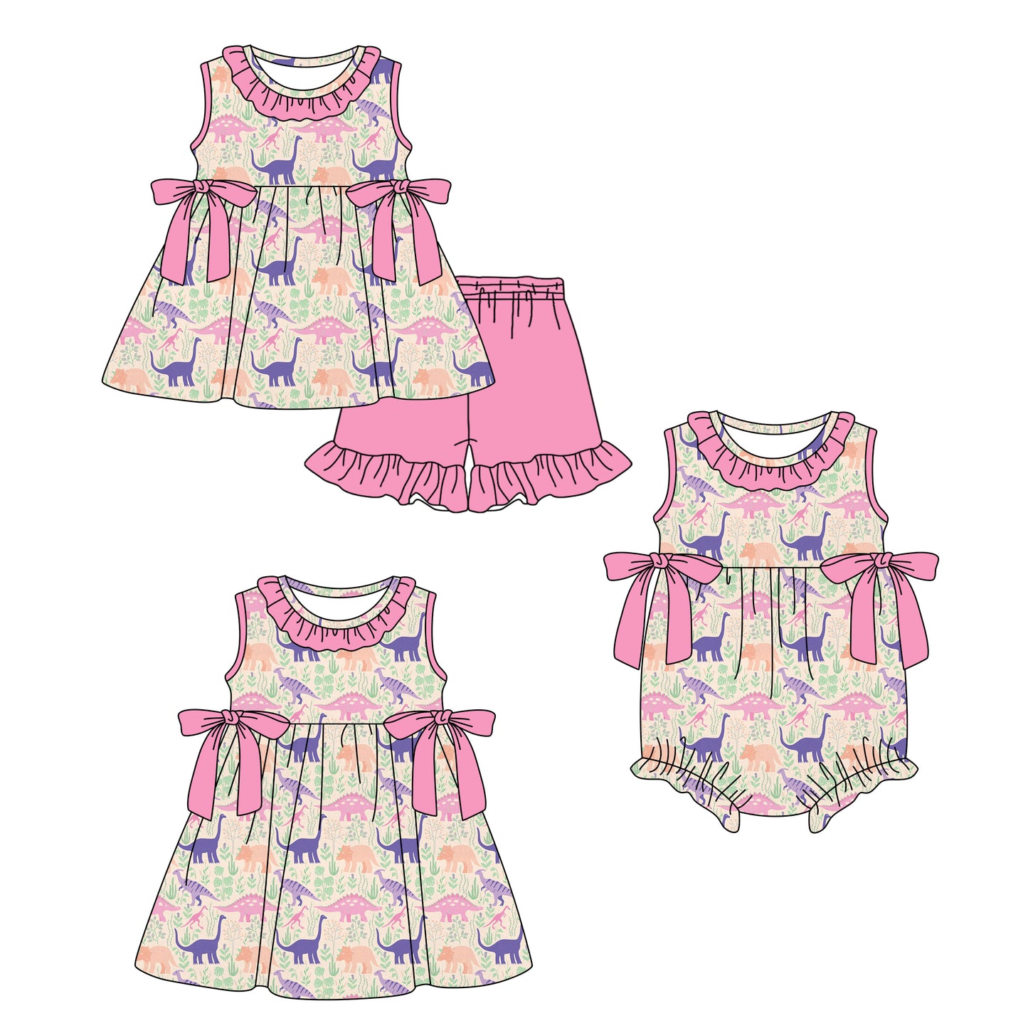 ( Moq 5 Each Style ) Sibling Baby Girls Kids Dinosaurs Bows Romper Dress Set Clothes