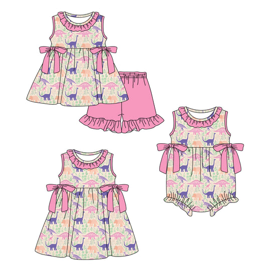 ( Moq 5 Each Style ) Sibling Baby Girls Kids Dinosaurs Bows Romper Dress Set Clothes