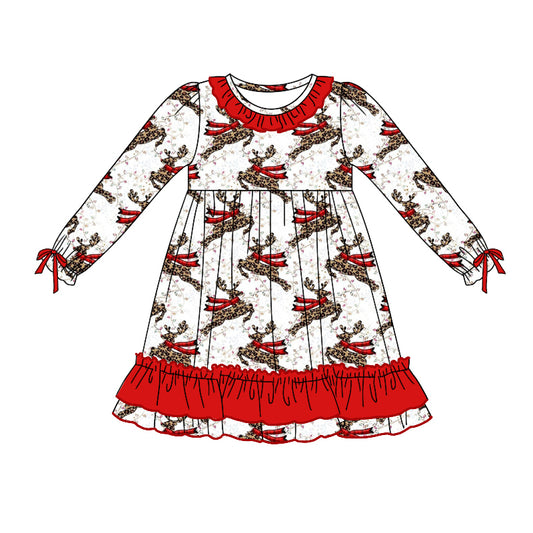 Baby Girl Long Sleeves Christmas Leopard Deer Ruffle Dress