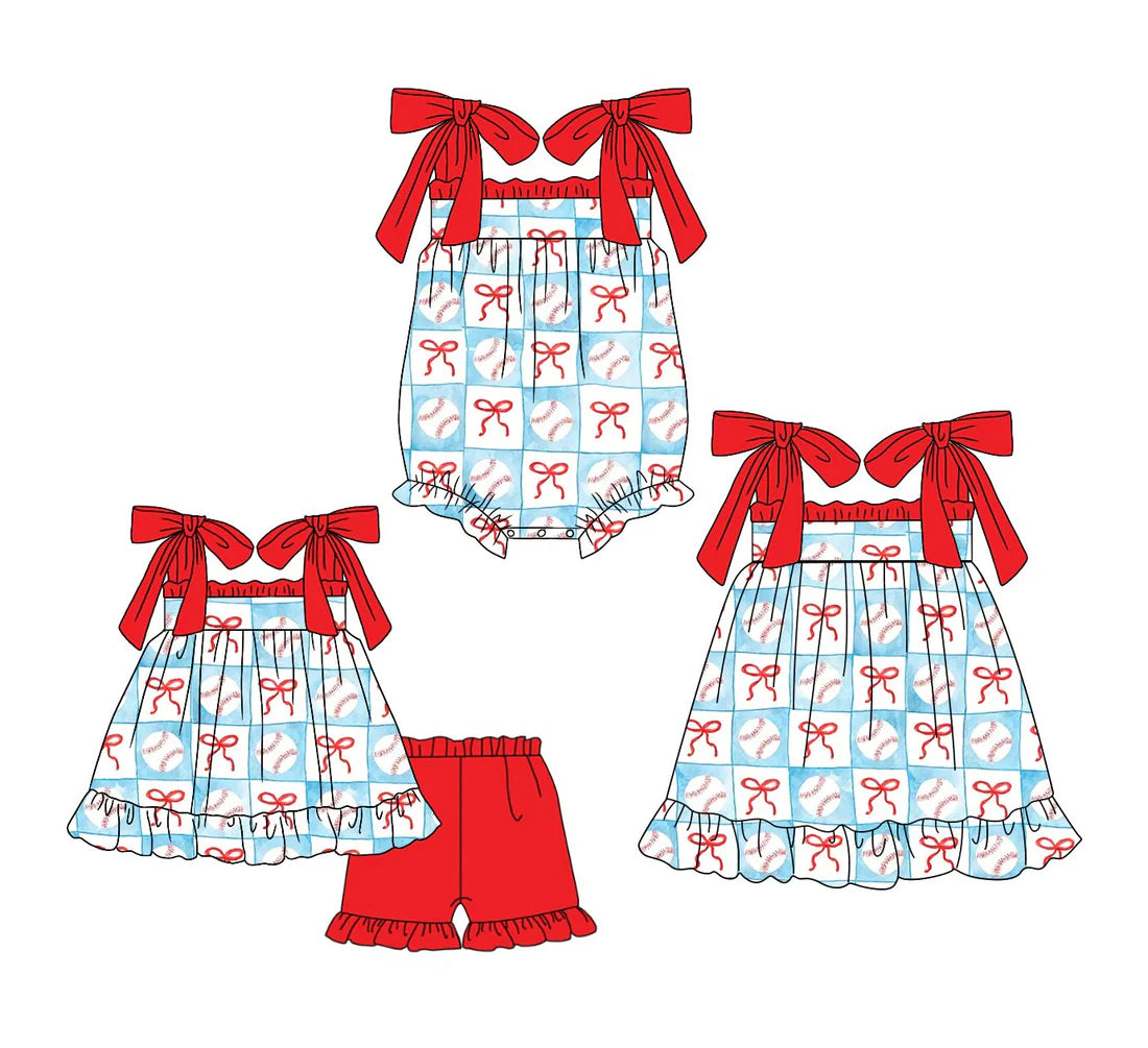 ( Moq 5 Each Style ) Baby Girls Kids Straps Red Bows Baseball Sibling Romper Dress Set