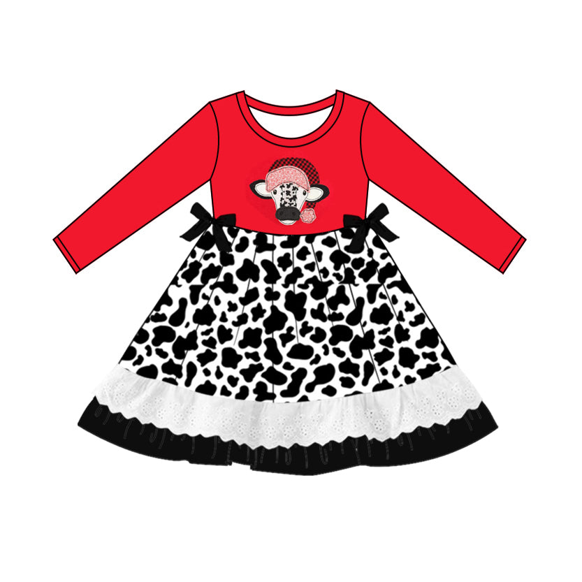 Baby Girl Red Long Sleeves Christmas Cow Dress