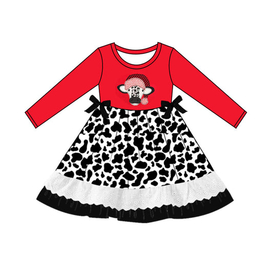 Baby Girl Red Long Sleeves Christmas Cow Dress