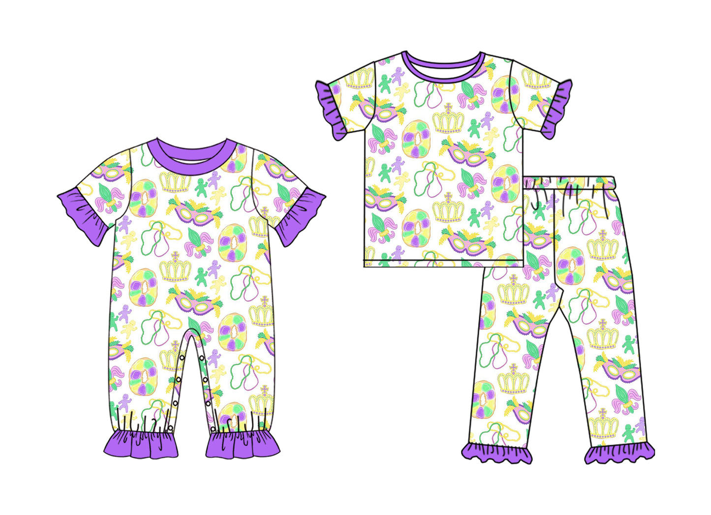 ( Moq 5 Each Style ) Girls Toddler Masks Anchors Bows Mardi Gras Sibling Romper Set