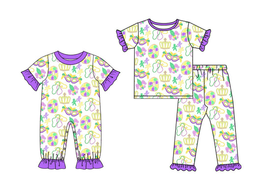 ( Moq 5 Each Style ) Girls Toddler Masks Anchors Bows Mardi Gras Sibling Romper Set