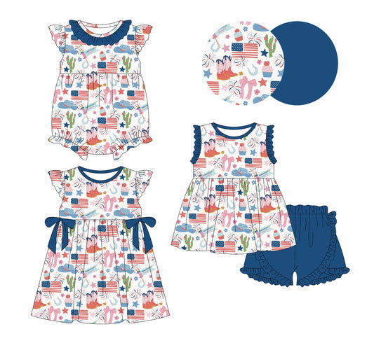 Baby Girl July 4th Flags Western Sibling Romper Dress Set ( Moq 5 Each Style ) 12.28