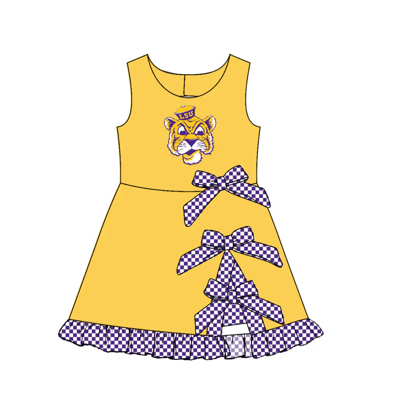 ( Moq 5 ) Sibling Baby Girls Kids Sleeveless Cheer Tiger Checked Bows Shorts Team Dress Clothes