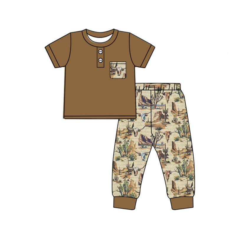 Baby Boy Short Sleeves Pocket Shirt Western Cow Cactus Pants Set Moq 5