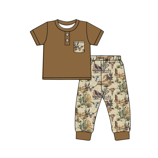 Baby Boy Short Sleeves Pocket Shirt Western Cow Cactus Pants Set Moq 5