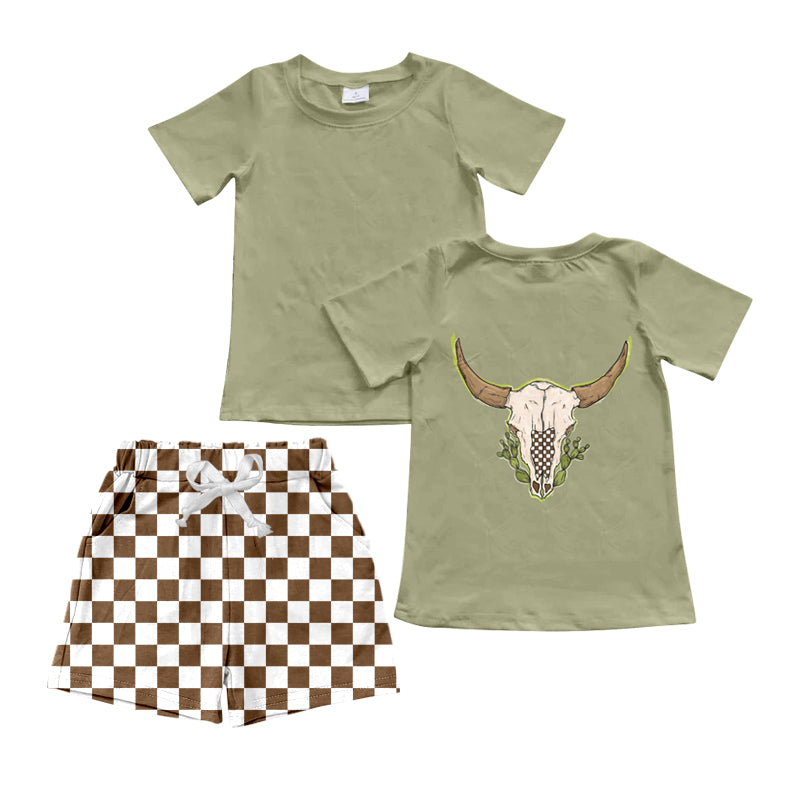 Baby Boy Short Sleeves Cow Shirt Checkered Pocket Shorts Summer Set Moq 5