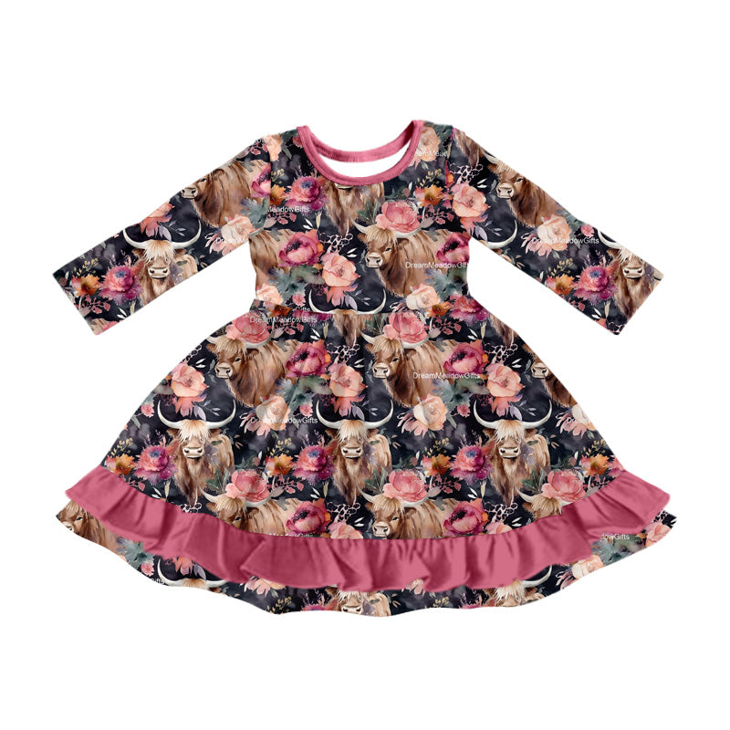 Baby Girl Long Sleeves Cow Flower Ruffle Dress