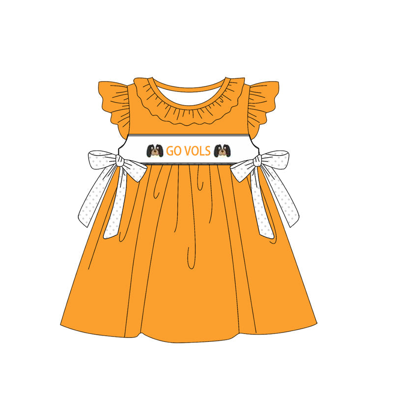 Baby Girl Short Sleeves Dogs Team Bows Knee Length Dress Moq 5