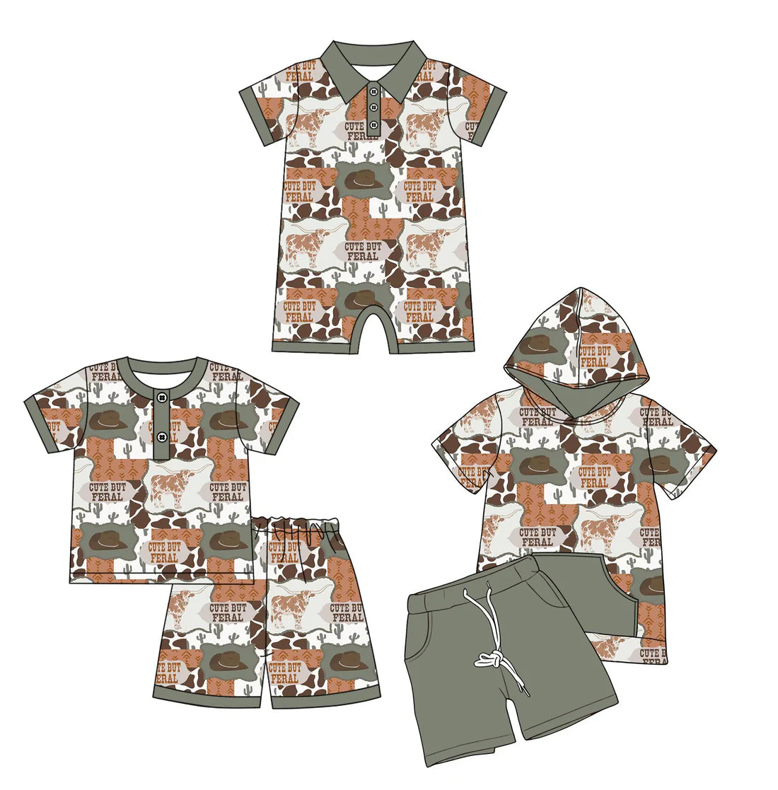 ( Moq 5 Each Style ) Baby Boys Kids Short Sleeves Cow Cactus Sibling Western Romper Sets