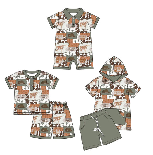 ( Moq 5 Each Style ) Baby Boys Kids Short Sleeves Cow Cactus Sibling Western Romper Sets