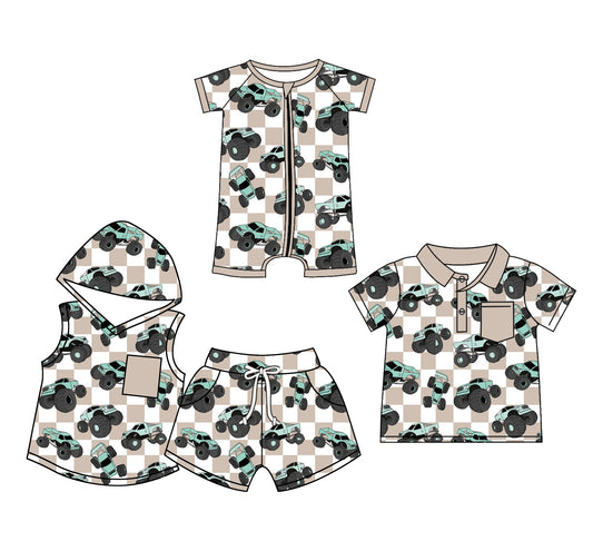 Baby Boy Short Sleeves Trucks Checked Sibling Romper Set ( Moq 5 Each Style ) 12.20