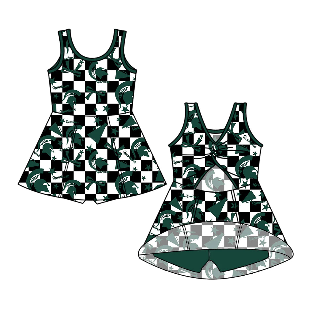 ( Moq 5 each style ) Baby Girl Toddler Team Green Bows Cheer Sibling Checked Dress Set 6.30