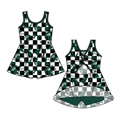 ( Moq 5 each style ) Baby Girl Toddler Team Green Bows Cheer Sibling Checked Dress Set 6.30