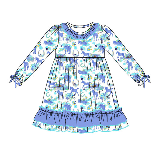 Baby Girl Long Sleeves Horse Flower Ruffle Dress