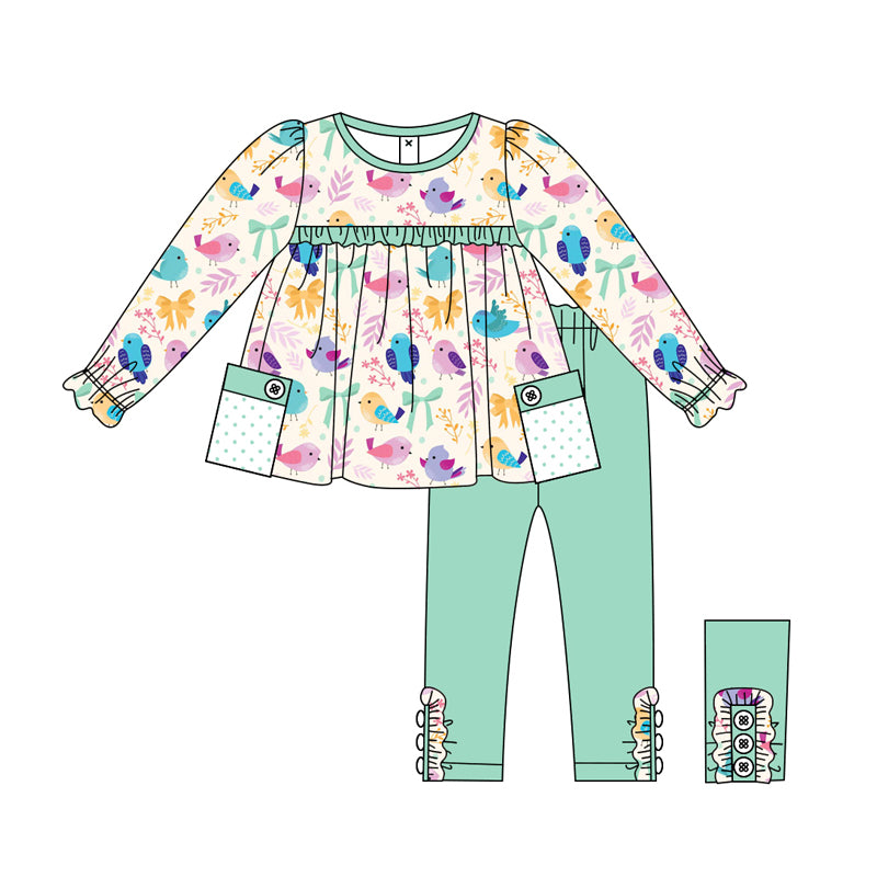 Baby Girl Long Sleeves Birds Bows Pocket Tunic Green Pants Set