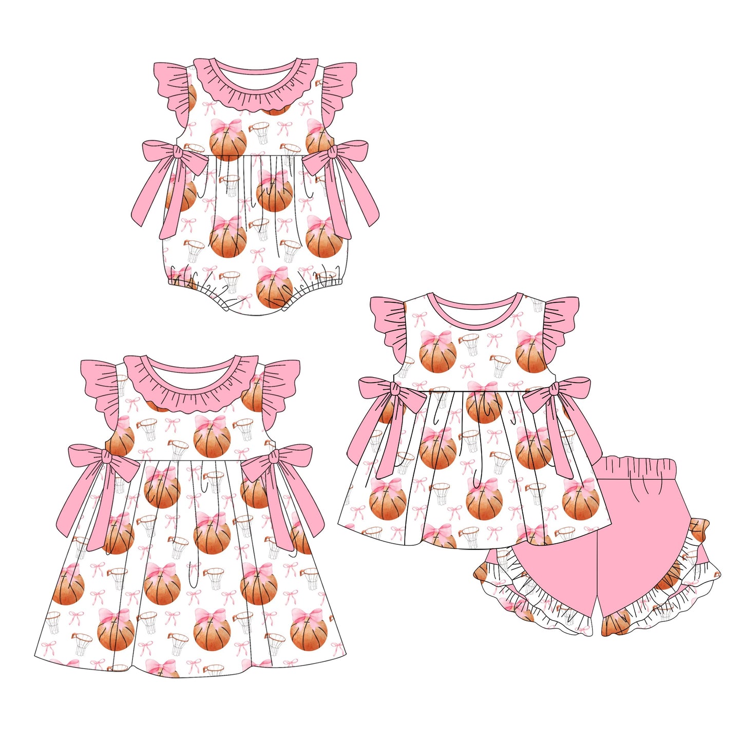 ( Moq 5 Each Style ) Baby Girl Short Sleeves Basketball Bows Sibling Summer Romper Dress Set 4.22