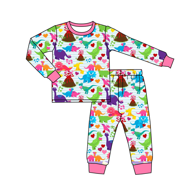 Baby Girl Toddler Long Sleeves Valentine Dinosaurs Hearts Shirt Pants Pajamas Set Moq 5