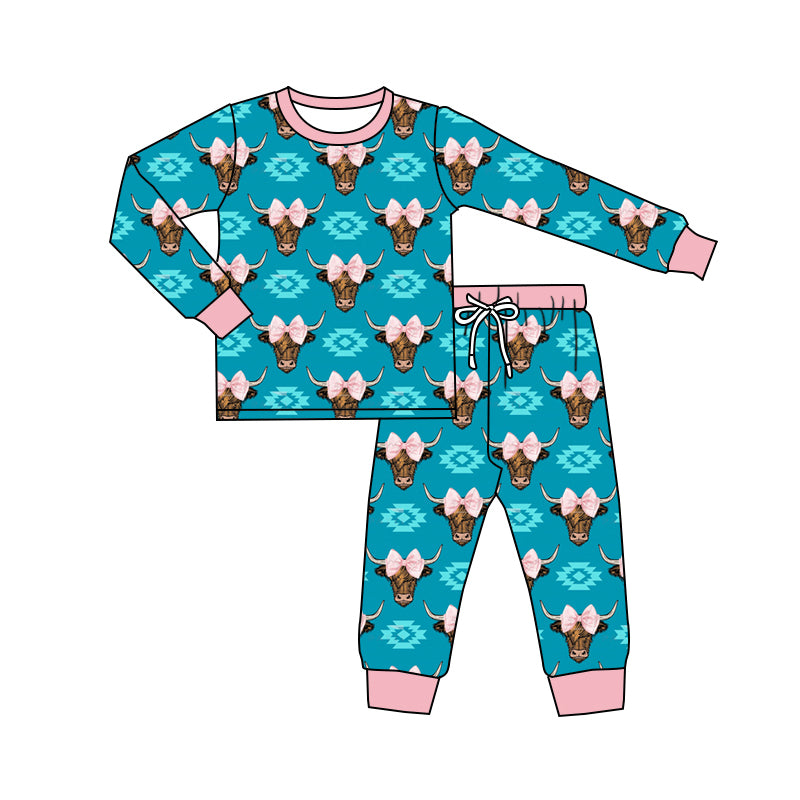 Baby Girl Toddler Long Sleeves Shirt Cow Bow Pants Western Pajamas Set