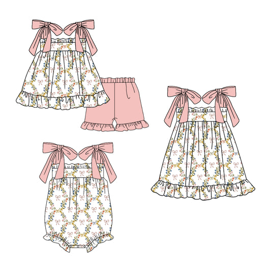 ( Moq 5 Each Style ) Sibling Baby Girls Kids Floral Bows Romper Dress Set Summer Clothes