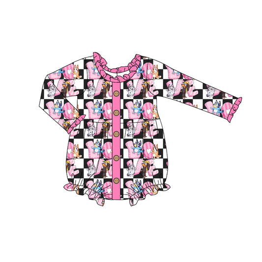 Baby Girl Infant Valentine Love Dog Checkered Bubble Romper