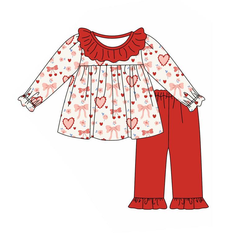 Baby Girl Toddler Long Sleeves Valentine Hearts Bows Tops Red Pants Set