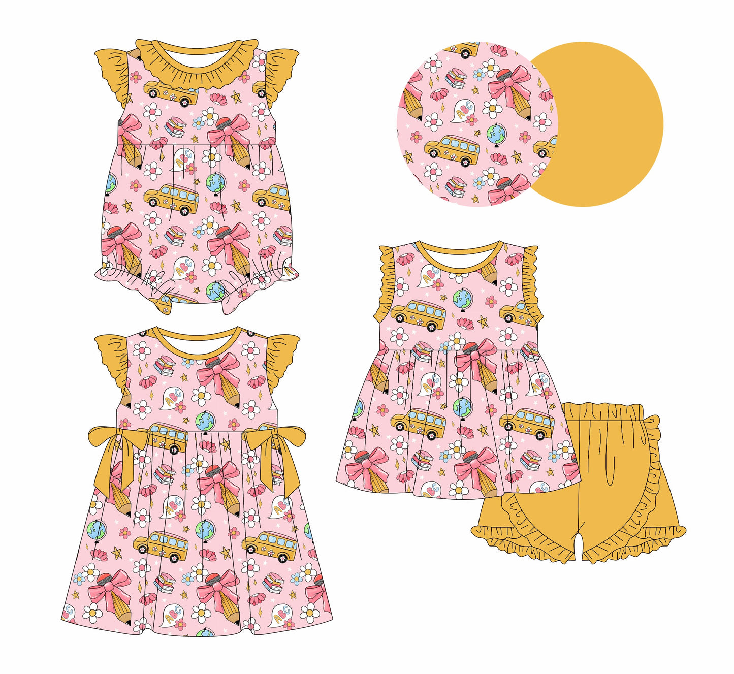 Baby Girl Back To School Bus Pencil Bows Sibling Romper Dress Set ( Moq 5 Each Style ) 1.2