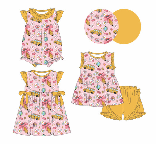 Baby Girl Back To School Bus Pencil Bows Sibling Romper Dress Set ( Moq 5 Each Style ) 1.2