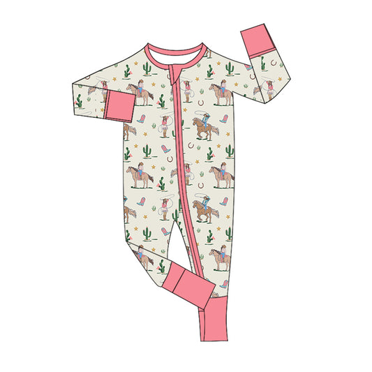 Baby Girl Infant Long Sleeves Western Rodeo Cactus Zipper Romper