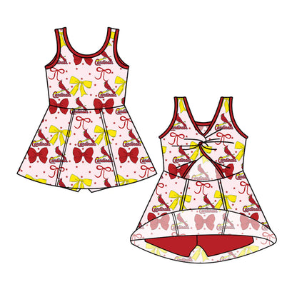 ( Moq 5 each style ) Baby Girl Toddler Team Red Yellow Bows Sibling Romper Dress Set 6.16