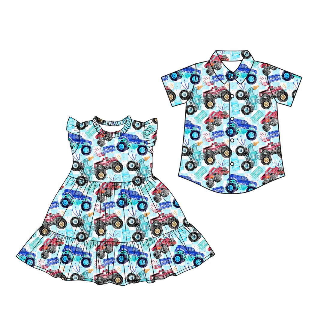 ( Moq 5 Each Style ) Baby Boys Girls Short Sleeves Trucks 4th of July Dress Set