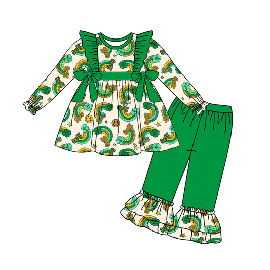 Baby Girl Toddler Long Sleeves St. Patrick Rainbow Smile Tops Green Pants Set Moq 5