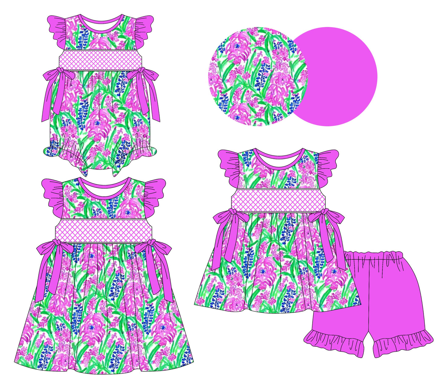 Baby Girl Short Sleeves Pink Flower Bows Sibling Romper Dress Set ( Moq 5 Each Style ) 3.11