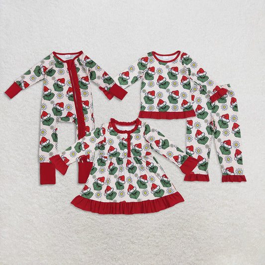 Kids Girls Long Sleeves Green Face Flower Christmas Sibling Pajamas Footie Romper Dress Set RTS