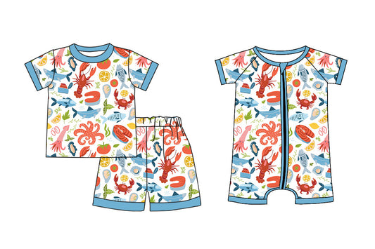 ( Moq 5 Each Style ) Sibling Baby Boys Kids Crayfish Zipper Romper Set Summer Clothes